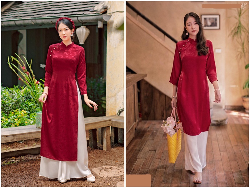 Áo dài đỏ đô phối quần màu trắng