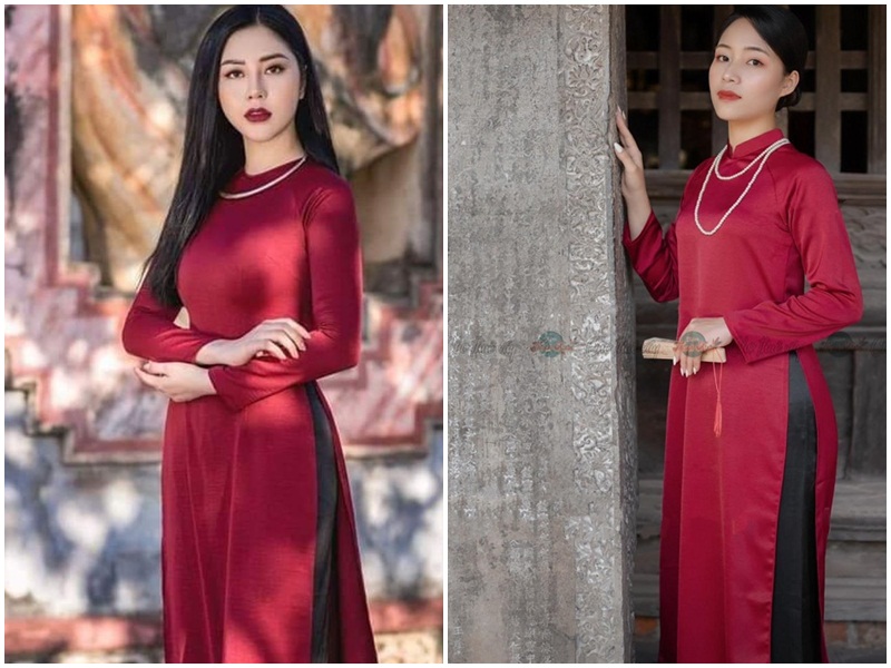 Áo dài đỏ đô phối quần màu đen