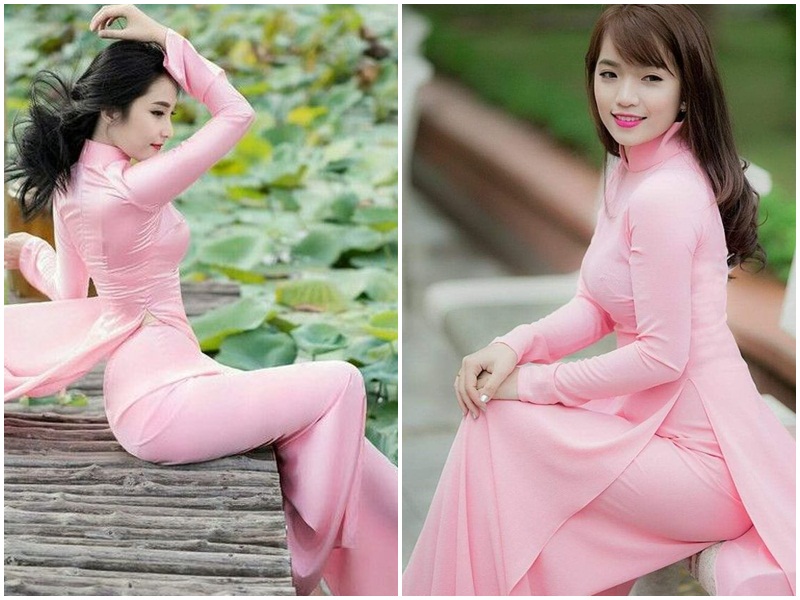 Áo dài hồng kết hợp với quần màu hồng