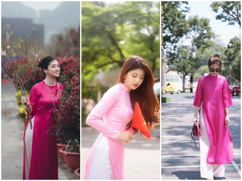 Áo dài hồng phối quần màu trắng