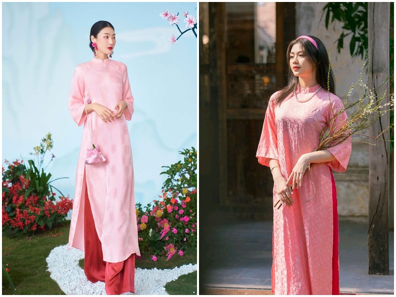 Áo dài hồng kết hợp với quần màu cam đỏ