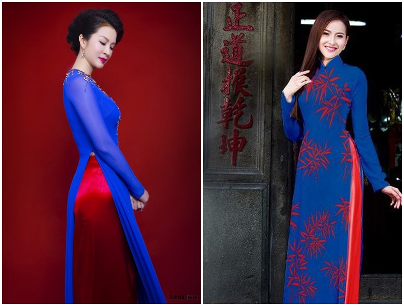 Áo dài xanh coban mặc quần màu cam