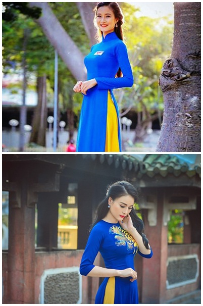 Áo dài xanh coban mặc quần màu vàng