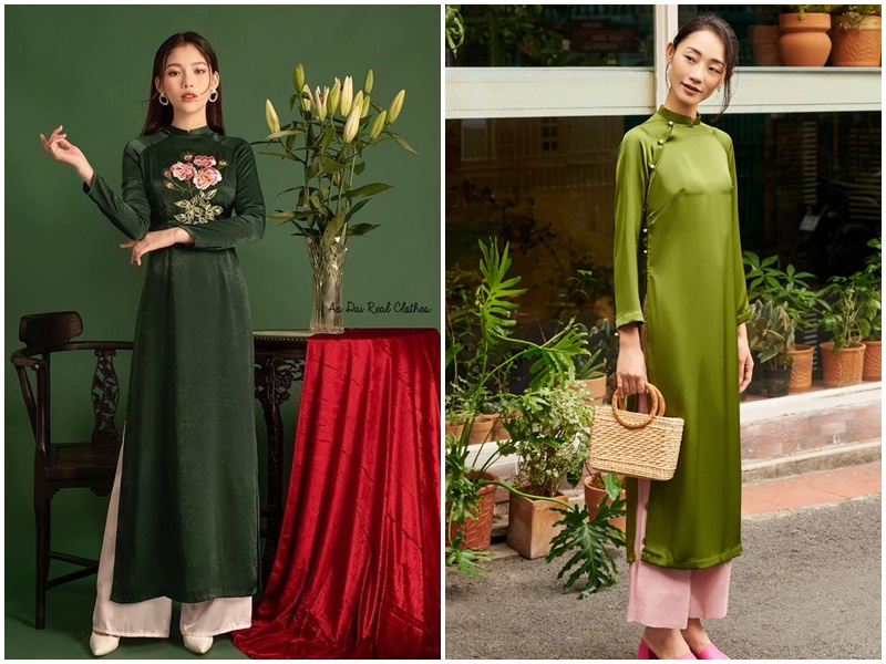 Áo dài xanh rêu phối với quần màu hồng